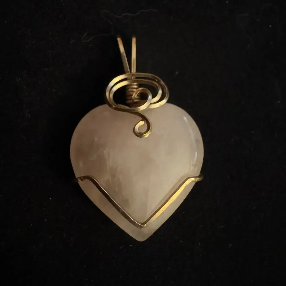 Vintage Pink Stone Heart Pendant Wrapped with Gold Wire